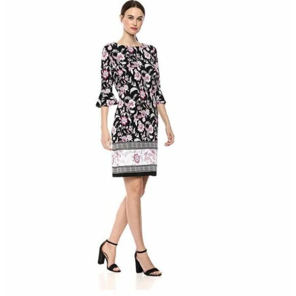 NINE WEST ITY Dress Pink Black Ruffle Sleeve Above Knee Jersey Dress SZ 6 NWT